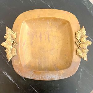 Vintage 10in Square Brass Tray Trinket Dish Ivy Leaf Handles Gold